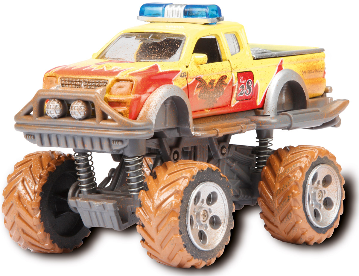 Dickie Toys Внедорожник Rally Monster цвет желтый3742000_желтый Dickie Toys Внедорожник Rally Monster цвет желтый3742000_желтыйМощный внедорожник Dickie Toys Rally Monster с имитацией грязи и открывающимися дверями непременно понравится вашему ребенку. Это настоящий монстр на дороге: большие колеса, два ряда фар, мощная амортизация. Эта игрушка снабжена всеми элементами реального внедорожника, и даже грязь на колесах и кузове выглядит очень натурально. Можно поверить, что внедорожник проехал не одну сотню километров. Игрушка может похвастать встроенным фрикционным механизмом, благодаря которому ее можно запускать, чтобы она преодолевала небольшие расстояния без помощи игрока. Система амортизации обеспечивает внедорожному авто максимальную проходимость даже в самых трудных условиях. С этой игрушкой ваш малыш будет часами занят игрой. Порадуйте его таким замечательным подарком!