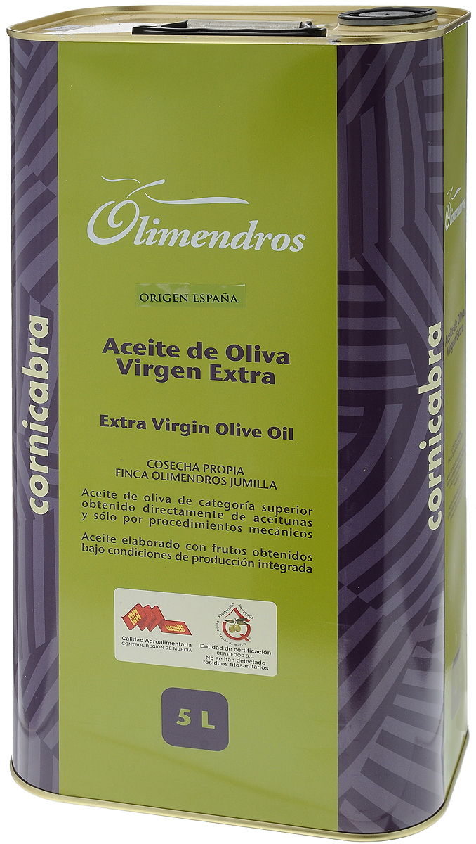 Olimendros Оливковое масло Extra Virgin Корникабра, 5 л8437004822628 Olimendros Оливковое масло Extra Virgin Корникабра, 5 л8437004822628Оливковое масло Olimendros Extra Virgin. Корникабра - нефильтрованное оливковое масло первого холодного отжима. Кислотность 0,13% (является лечебной по испанским законам). Изготовлено из оливок сорта Корникабра раннего сбора урожая (начальная стадия созревания). Масло обладает ярким, натуральным ароматом свежескошенной травы, зеленого томата и яблока. Фермерский продукт из региона Мурсия (Испания). Плантации расположены на высоте 600 метров над уровнем моря. От сбора урожая до производства масла проходит всего несколько часов: маслодельня находится в центре усадьбы, площадь которой 500 Га. Масло производится под контролем качества региона Мурсия.