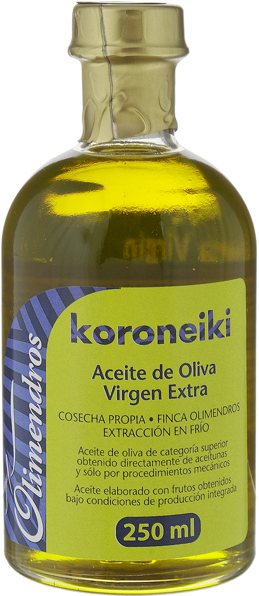 Olimendros Оливковое масло Extra Virgin Коронейки, 250 мл8437004822765 Olimendros Оливковое масло Extra Virgin Коронейки, 250 мл8437004822765Оливковое масло Olimendros Extra Virgin. Коронейки - нефильтрованное оливковое масло первого холодного отжима с кислотностью 0,15%, которая является лечебной по испанским законам. Изготовлено из оливок сорта Коронейки раннего сбора урожая (начальная стадия созревания). У масла аромат свежескошенной травы и сухофруктов. Фермерский продукт из региона Мурсия (Испания). Плантации расположены на высоте 600 метров над уровнем моря. От сбора урожая до производства масла проходит всего несколько часов: маслодельня находится в центре усадьбы, площадь которой 500 Га. Масло производится под контролем качества региона Мурсия.