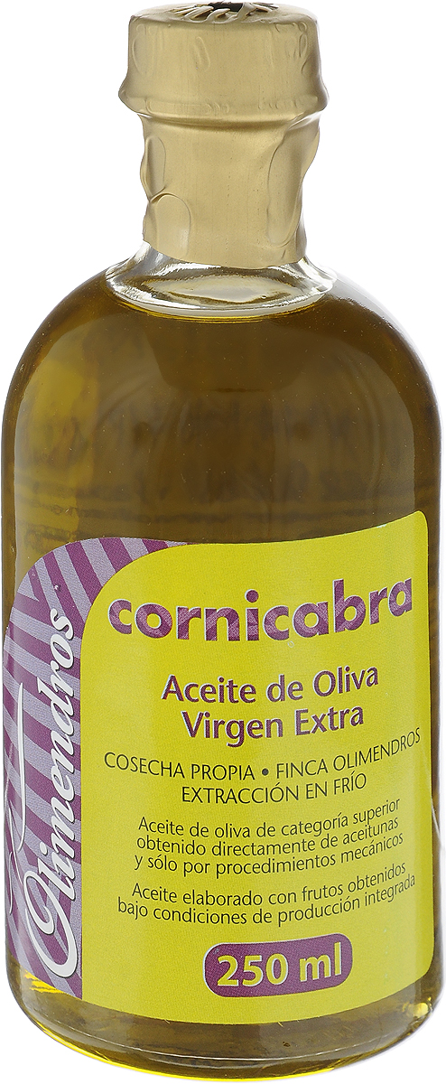 Olimendros Оливковое масло Extra Virgin Корникабра, 250 мл8437004822932 Olimendros Оливковое масло Extra Virgin Корникабра, 250 мл8437004822932Оливковое масло Olimendros Extra Virgin. Корникабра - нефильтрованное оливковое масло первого холодного отжима кислотностью 0,13%, которая является лечебной по испанским законам. Масло обладает ярким ароматом свежескошенной травы, зеленого томата и яблока. Фермерский продукт из региона Мурсия (Испания). Плантации расположены на высоте 600 метров над уровнем моря. От сбора урожая до производства масла проходит всего несколько часов: маслодельня находится в центре усадьбы, площадь которой 500 Га. Масло производится под контролем качества региона Мурсия.
