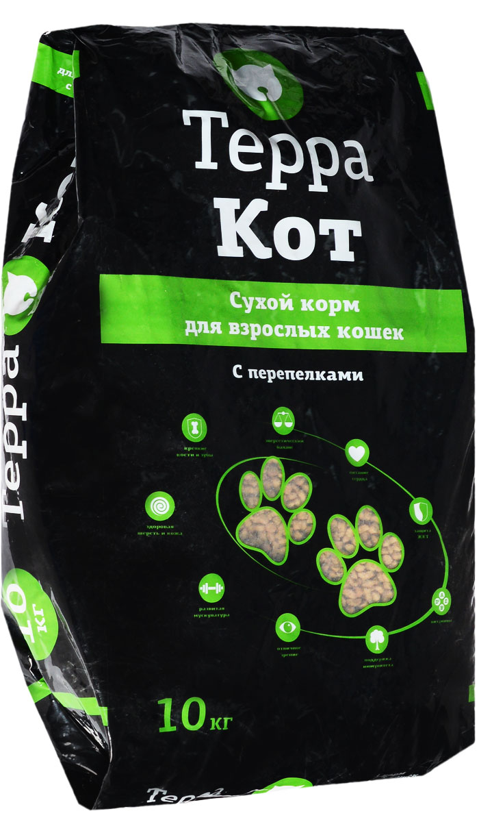 Корм сухой Терра Кот, для взрослых кошек, с перепелками, 10 кг00-00000461 Корм сухой Терра Кот, для взрослых кошек, с перепелками, 10 кг00-00000461Сухой корм Терра Кот - это полноценное сбалансированное питание для взрослых кошек, разработанное с использованием современных технологий. В состав корма входят все необходимые питательные вещества, включая витамины. Корм легко усваивается и имеет прекрасный вкус. Основные питательные вещества гарантируют сильные кости, превосходные мускулы, здоровую кожу и шерсть. Порадуйте своего любимца вкусным и полезным продуктом. Товар сертифицирован.