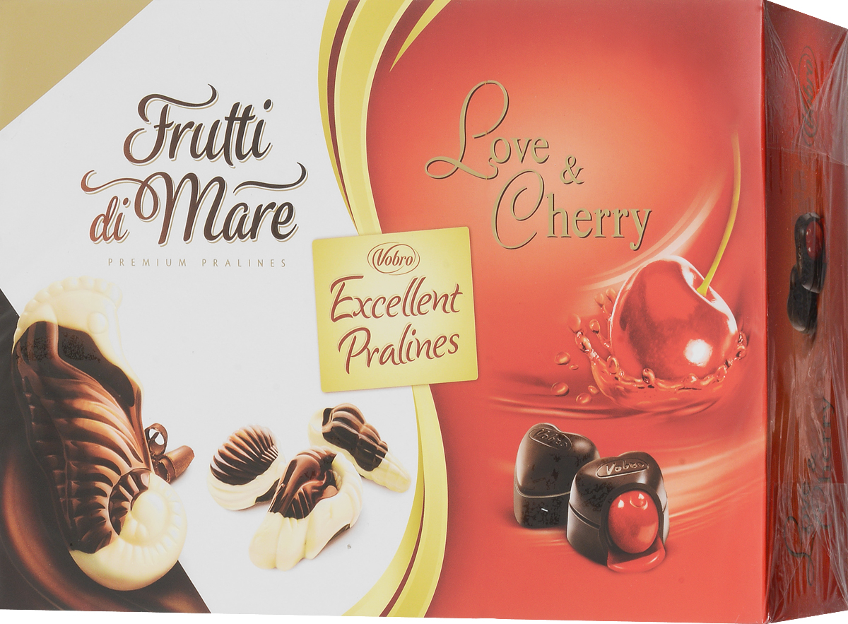 Vobro Exellent Pralines набор шоколадных конфет, 330 г10058_вид 3 Vobro Exellent Pralines набор шоколадных конфет, 330 г10058_вид 3Двойная радость от чувственных шоколадных конфет в элегантной упаковке. Набор конфеты Excellent Pralines оправдает ожидания всех гурманов шоколадных конфет, которые не любят себе отказывать в любимых вкусах. Excellent Pralines - это сочетание двух вкусов: конфет с вишней в алкоголе Love & Cherry и тонких пралине Frutti di Mare, созданных в композиции белого и темного шоколада с деликатным кремовым наполнением. Содержимое коробки - это незабываемые вкусовые ощущения. Уважаемые клиенты! Обращаем ваше внимание, что полный перечень состава продукта представлен на дополнительном изображении.