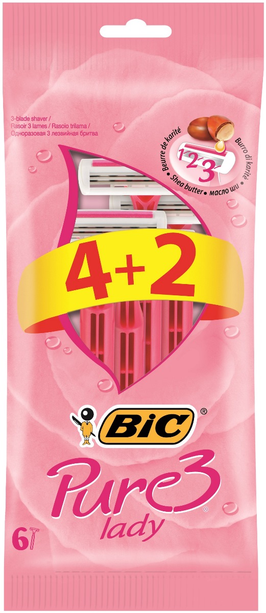 BIC Бритва Pure3 Lady, уп.4+2923047 BIC Бритва Pure3 Lady, уп.4+2923047Бритвенный станок с тремя лезвиями для женского бритья. Фиксированная головка. Хромо-полимерное покрытие. Увлажняющая полоска с Алоэ-Вера. Изогнутая и ребристая ручка.