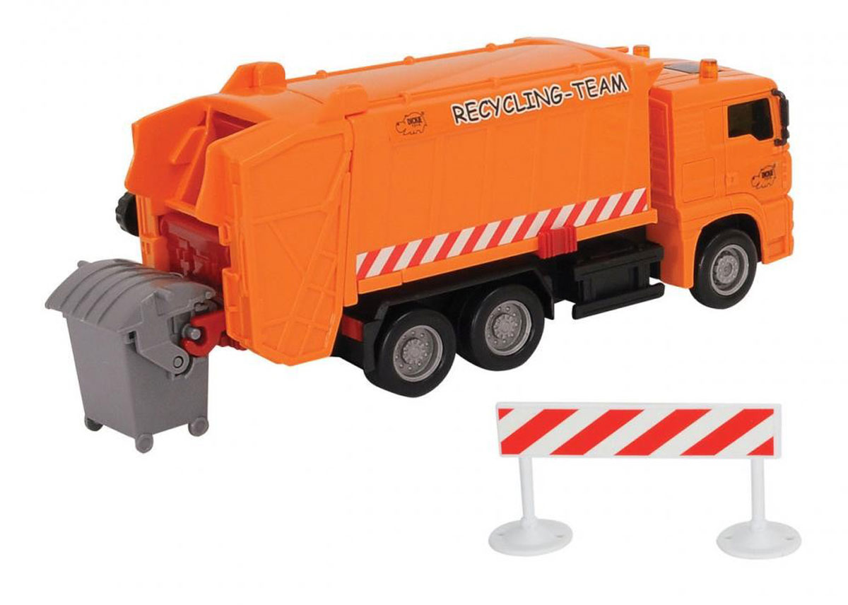 Dickie Toys Мусороуборочная машина MAN цвет оранжевый3343000_оранжевый Dickie Toys Мусороуборочная машина MAN цвет оранжевый3343000_оранжевыйМусороуборочная машина Dickie Toys MAN привлечет внимание вашего ребенка и не позволит ему скучать. Игрушка выполнена из прочного пластика в виде хорошо детализированного мусоровоза. Кузов машины поднимается, задняя дверца кузова открывается. Мусоровоз оснащен подъемным механизмом для опрокидывания мусорного бака (входит в комплект). Ваш ребенок сможет часами играть с мусоровозом, придумывая различные истории. Порадуйте его таким замечательным подарком!