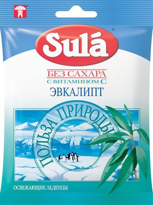 Sula Эвкалипт фруктовые леденцы, 60 г8302071 Sula Эвкалипт фруктовые леденцы, 60 г8302071Листья эвкалипта являются тем ценным источником эфирного масла, которым объясняется целебное действие эвкалипта. Оно заключается в усилении иммунитета и повышении сопротивляемости организма инфекциям и простудам.