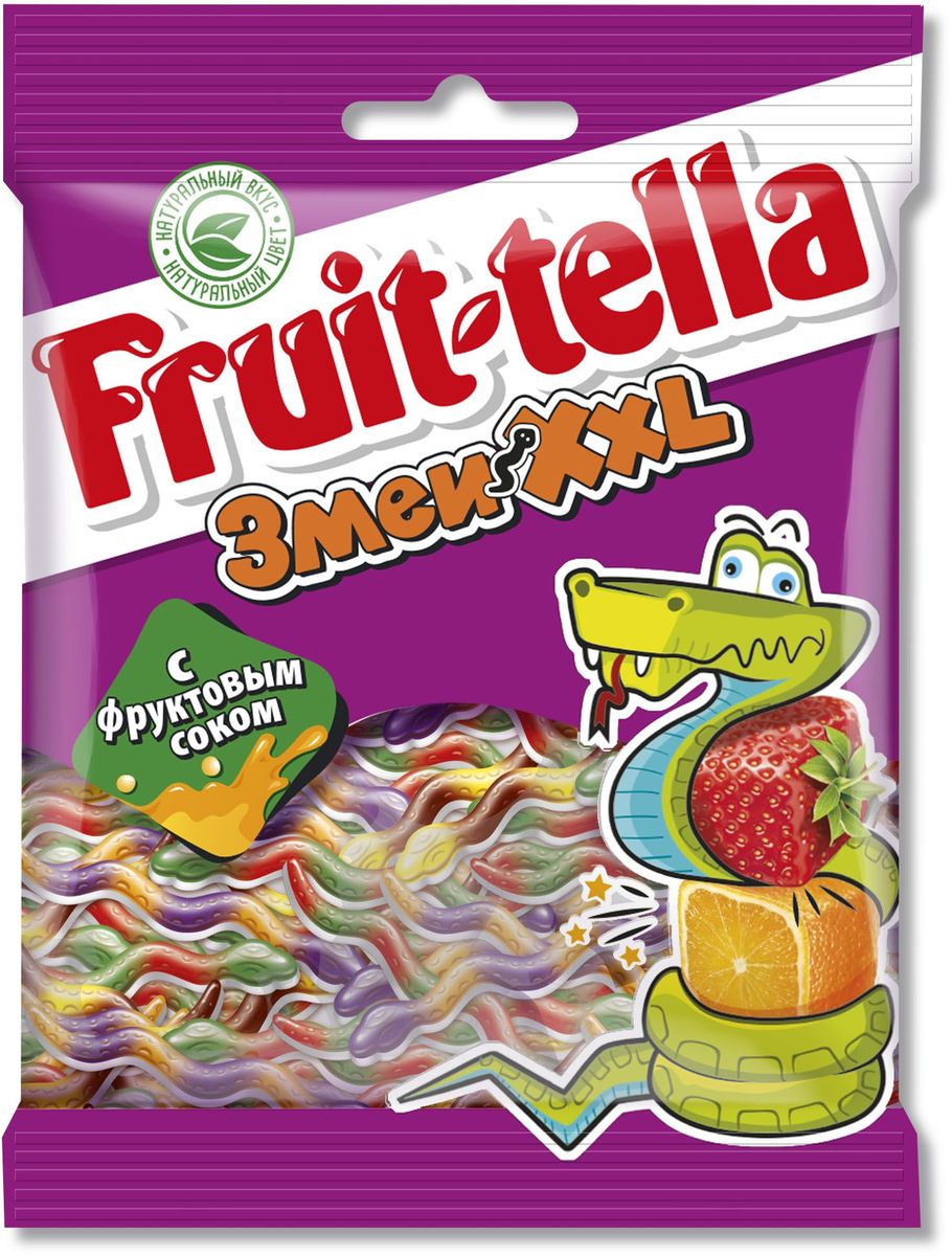 Fruittella Змеи XXL жевательный мармелад, 70 г8250136 Fruittella Змеи XXL жевательный мармелад, 70 г8250136Сочные жевательные конфеты и мармелад Fruit-tella дарят детям и взрослым всю радугу цветов и вкусов: от апельсина и яблока до черной смородины и клубники! Они изготовлены по уникальной рецептуре с использованием только натуральных компонентов – фруктов, овощей и фруктовых соков!