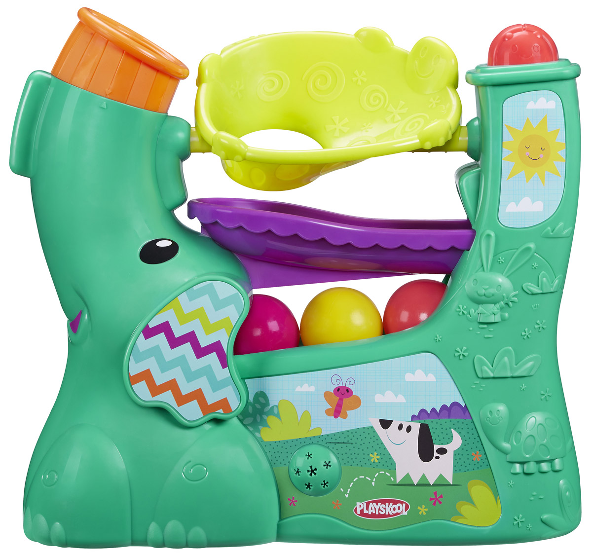 Playskool Развивающая игрушка Веселый слоникB5846EU4 Playskool Развивающая игрушка Веселый слоникB5846EU4Развивающая игрушка Playskool Веселый слоник выполнена в виде симпатичного слоника с длинным хоботом. Слоник изготовлен из прочного безопасного пластика с фактурными рисунками. Ваш малыш будет с интересом наблюдать за тем, как яркие разноцветные шарики перекатываются по желобкам игрушки. Шарики вылетают из хобота под набором воздуха и задорно скатываются - это так весело! Вы можете менять направление хобота, тем самым меняя режим игры - шарики будут вылетать в том направлении, в котором вы установите хобот. Шарики можно складывать внутрь игрушки. Игрушка дополнена звуковыми эффектами, может проигрывать 6 разных мелодий. Развивающая игрушка Playskool Веселый слоник поможет ребенку развить интеллектуальные способности, а также цветовое и звуковое восприятие, мелкую моторику рук и координацию движений. Для работы требуются 4 батареек типа D (R20) (не входят в комплект).