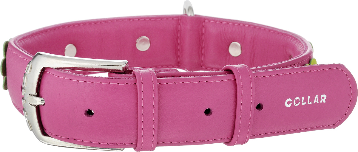 Ошейник для собак CoLLaR Glamour Аппликация, цвет: розовый, салатовый, ширина 3,5 см, обхват шеи 46-60 см35047 Ошейник для собак CoLLaR Glamour Аппликация, цвет: розовый, салатовый, ширина 3,5 см, обхват шеи 46-60 см35047Ошейник CoLLaR Glamour изготовлен из натуральной кожи, устойчивой к влажности и перепадам температур. Клеевой слой, сверхпрочные нити, крепкие металлические элементы делают ошейник надежным и долговечным. Изделие декорировано аппликациями в виде цветочков. Размер ошейника регулируется при помощи металлической пряжки. Имеется металлическое кольцо для крепления поводка. Ваша собака тоже хочет выглядеть стильно! Такой модный ошейник станет для питомца отличным украшением и выделит его среди остальных животных. Изделие отличается высоким качеством, удобством и универсальностью. Обхват шеи: 46-60 см. Ширина: 3,5 см.