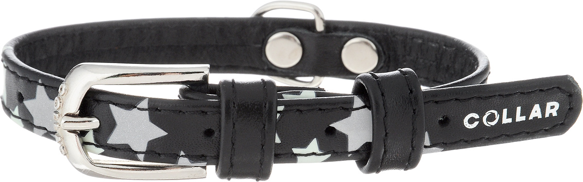 Ошейник для собак CoLLaR Glamour Звездочка, цвет: черный, ширина 1,2 см, обхват шеи 21-29 см35841 Ошейник для собак CoLLaR Glamour Звездочка, цвет: черный, ширина 1,2 см, обхват шеи 21-29 см35841Ошейник для собак CoLLaR Glamour Звездочка изготовлен из натуральной кожи и декорирован оригинальным рисунком. Специальная технология печати по коже позволяет наносить на ошейник устойчивый рисунок, обладающий одновременно светоотражающим и светонакопительным эффектом. Ошейник устойчив к влажности и перепадам температур. Сверхпрочные нити, крепкие металлические элементы делают ошейник надежным и долговечным. Обхват ошейника регулируется при помощи пряжки. Ошейник оснащен металлическим кольцом для крепления поводка. Изделие отличается высоким качеством, удобством и универсальностью. Минимальный обхват шеи: 21 см. Максимальный обхват шеи: 29 см. Ширина ошейника: 1,2 см.