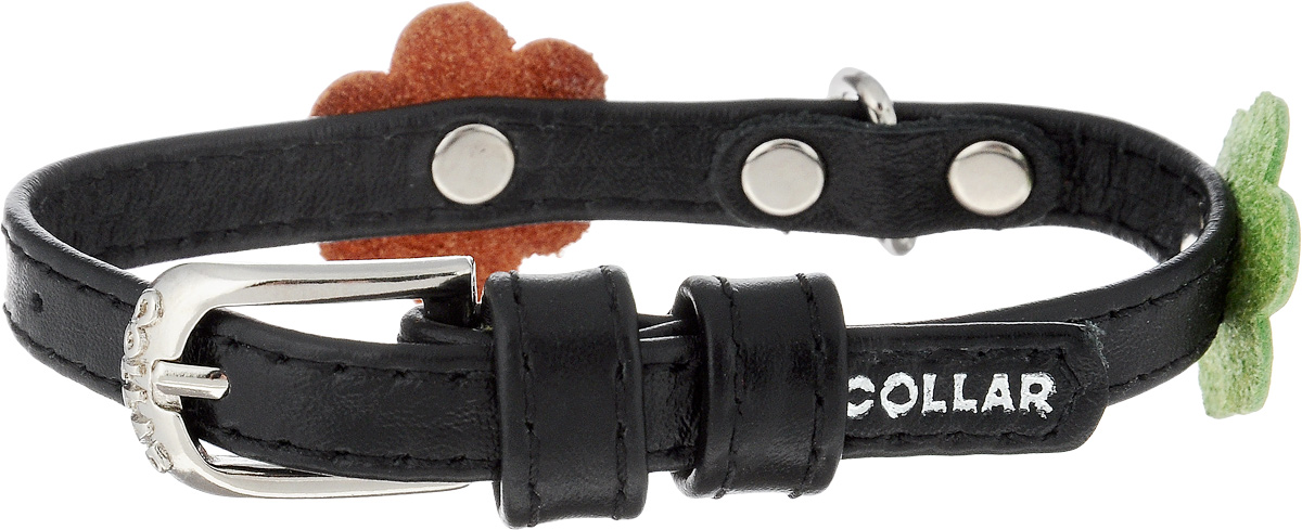 Ошейник для собак CoLLaR Glamour Аппликация, цвет: черный, оранжевый, зеленый, ширина 9 мм, обхват шеи 19-25 см34991 Ошейник для собак CoLLaR Glamour Аппликация, цвет: черный, оранжевый, зеленый, ширина 9 мм, обхват шеи 19-25 см34991Ошейник CoLLaR Glamour Аппликация изготовлен из натуральной кожи, устойчивой к влажности и перепадам температур. Клеевой слой, сверхпрочные нити, крепкие металлические элементы делают ошейник надежным и долговечным. Изделие отличается высоким качеством, удобством и универсальностью. Размер ошейника регулируется при помощи металлической пряжки. Имеется металлическое кольцо для крепления поводка. Ваша собака тоже хочет выглядеть стильно! Модный ошейник с аппликацией в виде цветов станет для питомца отличным украшением и выделит его среди остальных животных. Минимальный обхват шеи: 19 см. Максимальный обхват шеи: 25 см. Ширина: 9 мм.