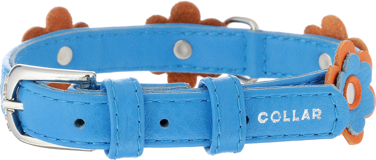Ошейник для собак CoLLaR Glamour Аппликация, цвет: голубой, оранжевый, ширина 1,5 см, обхват шеи 27-36 см35012 Ошейник для собак CoLLaR Glamour Аппликация, цвет: голубой, оранжевый, ширина 1,5 см, обхват шеи 27-36 см35012Ошейник CoLLaR Glamour изготовлен из натуральной кожи, устойчивой к влажности и перепадам температур. Клеевой слой, сверхпрочные нити, крепкие металлические элементы делают ошейник надежным и долговечным. Изделие декорировано аппликациями в виде цветочков. Размер ошейника регулируется при помощи металлической пряжки. Имеется металлическое кольцо для крепления поводка. Ваша собака тоже хочет выглядеть стильно! Такой модный ошейник станет для питомца отличным украшением и выделит его среди остальных животных. Изделие отличается высоким качеством, удобством и универсальностью. Обхват шеи: 27-36 см. Ширина: 1,5 см.