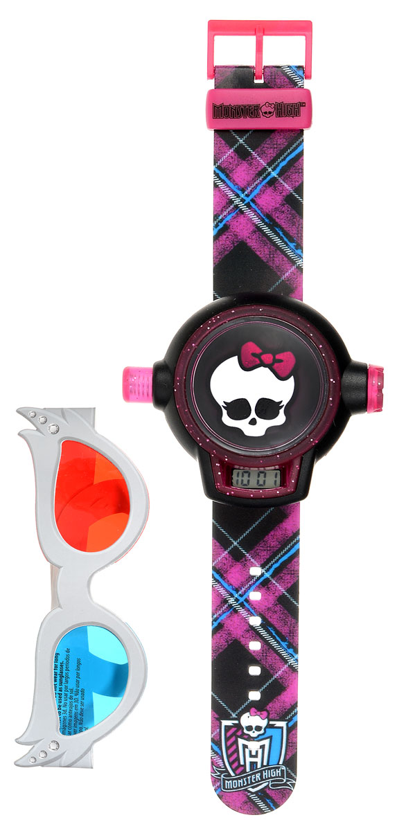 Monster High Наручные часы с 3D проекторомmhrj26 Monster High Наручные часы с 3D проекторомmhrj26Экстравагантные детские наручные часы Monster High имеют встроенный проектор и способны проецировать картинку на ровную поверхность. Чтобы включить проектор, необходимо просто нажать и удерживать кнопку на боковой стороне часов. С помощью специальных очков, которые идут в комплекте, вы сможете увидеть изображения в 3D измерении и устроить киносеанс прямо у себя дома. Часы влагоустойчивы. Корпус и браслет выполнены из пластика, ремешок регулируется по длине и украшен изображениями героев мультфильма. Циферблат защищен от повреждений прочным пластиковым стеклом с питанием от химических источников тока. Рекомендуемый возраст: от 3 лет. Для работы часов необходима 1 батарейка напряжением 1,5 V типа LR41 (AG3) (товар комплектуется демонстрационной).