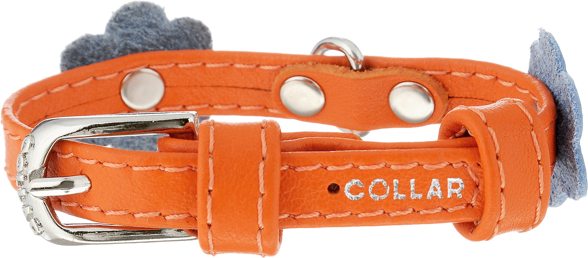 Ошейник для собак CoLLaR Glamour Аппликация, цвет: оранжевый, голубой, ширина 9 мм, обхват шеи 18-21 см34984 Ошейник для собак CoLLaR Glamour Аппликация, цвет: оранжевый, голубой, ширина 9 мм, обхват шеи 18-21 см34984Ошейник CoLLaR Glamour Аппликация изготовлен из натуральной кожи, устойчивой к влажности и перепадам температур. Клеевой слой, сверхпрочные нити, крепкие металлические элементы делают ошейник надежным и долговечным. Изделие отличается высоким качеством, удобством и универсальностью. Размер ошейника регулируется при помощи металлической пряжки. Имеется металлическое кольцо для крепления поводка. Ваша собака тоже хочет выглядеть стильно! Модный ошейник с аппликацией в виде цветов станет для питомца отличным украшением и выделит его среди остальных животных. Минимальный обхват шеи: 18 см. Максимальный обхват шеи: 21 см. Ширина: 9 мм.