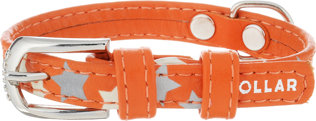 Ошейник для собак CoLLaR Glamour Звездочка, цвет: оранжевый, ширина 1,2 см, обхват шеи 19-25 см35834 Ошейник для собак CoLLaR Glamour Звездочка, цвет: оранжевый, ширина 1,2 см, обхват шеи 19-25 см35834Ошейник для собак CoLLaR Glamour Звездочка изготовлен из натуральной кожи и декорирован оригинальным рисунком. Специальная технология печати по коже позволяет наносить на ошейник устойчивый рисунок, обладающий одновременно светоотражающим и светонакопительным эффектом. Ошейник устойчив к влажности и перепадам температур. Сверхпрочные нити, крепкие металлические элементы делают ошейник надежным и долговечным. Обхват ошейника регулируется при помощи пряжки. Ошейник оснащен металлическим кольцом для крепления поводка. Изделие отличается высоким качеством, удобством и универсальностью. Минимальный обхват шеи: 19 см. Максимальный обхват шеи: 25 см. Ширина ошейника: 1,2 см.