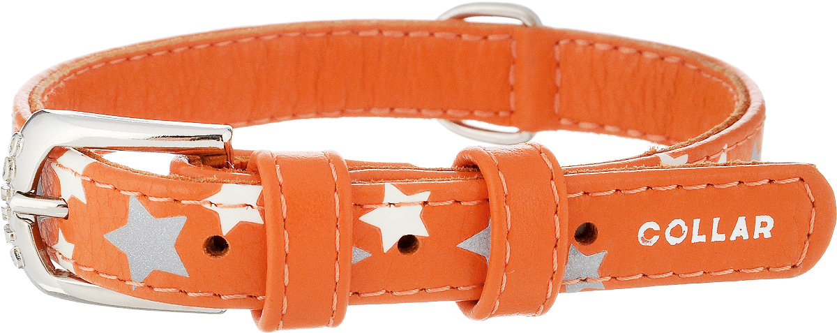 Ошейник для собак CoLLaR Glamour Звездочка, цвет: оранжевый, ширина 1,5 см, обхват шеи 27-36 см35854 Ошейник для собак CoLLaR Glamour Звездочка, цвет: оранжевый, ширина 1,5 см, обхват шеи 27-36 см35854Ошейник для собак CoLLaR Glamour Звездочка изготовлен из натуральной кожи и декорирован оригинальным рисунком. Специальная технология печати по коже позволяет наносить на ошейник устойчивый рисунок, обладающий одновременно светоотражающим и светонакопительным эффектом. Ошейник устойчив к влажности и перепадам температур. Сверхпрочные нити, крепкие металлические элементы делают ошейник надежным и долговечным. Обхват ошейника регулируется при помощи пряжки. Ошейник оснащен металлическим кольцом для крепления поводка. Изделие отличается высоким качеством, удобством и универсальностью. Минимальный обхват шеи: 27 см. Максимальный обхват шеи: 36 см. Ширина ошейника: 1,5 см.
