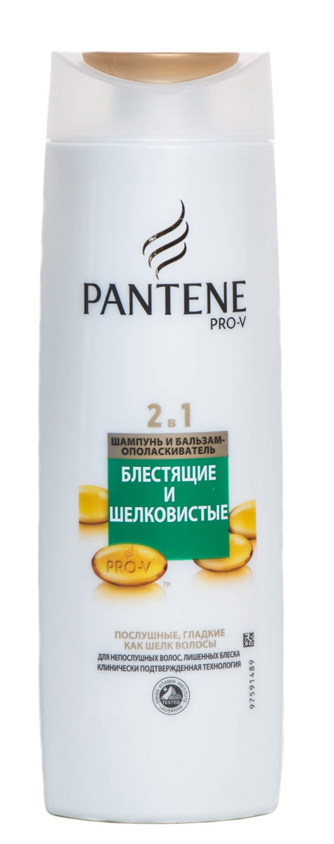 Pantene Pro-V Шампунь 2в1 Блестящие и шелковистыe, 400 мл81601104 Pantene Pro-V Шампунь 2в1 Блестящие и шелковистыe, 400 мл81601104Шампунь Pantene Pro-V 2в1 Гладкий шелк предназначен для непослушных, жестких или вьющихся волос. Питающая провитаминная формула делает волосы гладкими, мягкими и шелковистыми, придает волосам эластичность и делает их максимально послушными. Равномерно восстанавливает структуру волос, действуя от корней до кончиков.