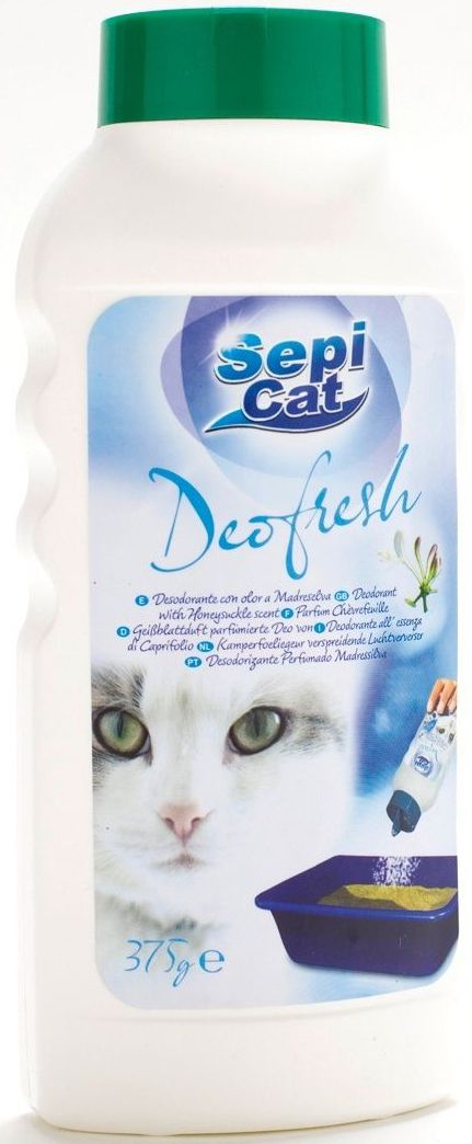 Сухой дезодорант Sepiolsa Деофреш, для кошачьего туалета, 380 г20414 Сухой дезодорант Sepiolsa Деофреш, для кошачьего туалета, 380 г20414Парфюмированный дезодорант для кошачьего туалета. Обладает ароматом жимолости. Состоит из 100% натуральных минеральных веществ и специальных гранул - нейтрализаторов неприятных запахов. Прекрасно подходит для улучшения свойств традиционных наполнителей для лотков, которые не достаточно хорошо блокируют запах. Не аллергенен. Позволяет продлить использование наполнителя и оставить лоток в свежести более длительное время. Состав: натуральная глина, парфюмерная добавка.