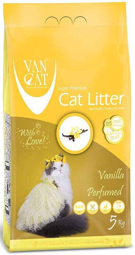 Наполнитель для кошачьих туалетов Van Cat, комкующийся, без пыли, с ароматом ванили, 5 кг20656 Наполнитель для кошачьих туалетов Van Cat, комкующийся, без пыли, с ароматом ванили, 5 кг20656100% натуральный Белый цвет – символ чистоты и свежести. Так же белый цвет – это символ здоровья. Как нам контролировать здоровье мочевыделительной системы у кошки наиболее простым способом? Только белый наполнитель для кошачьего туалета дает нам такую возможность. Отлично комкуется Гранулы 0,6-2,25 мм Эффективно устраняет неприятные запахи Не пылит, лапы остаются чистыми Способность к абсорбации 300% Безопасен для животных и окружающей среды Экономичен в использовании Сохраняет лоток сухим, прост в уборке Удобная картонная упаковка