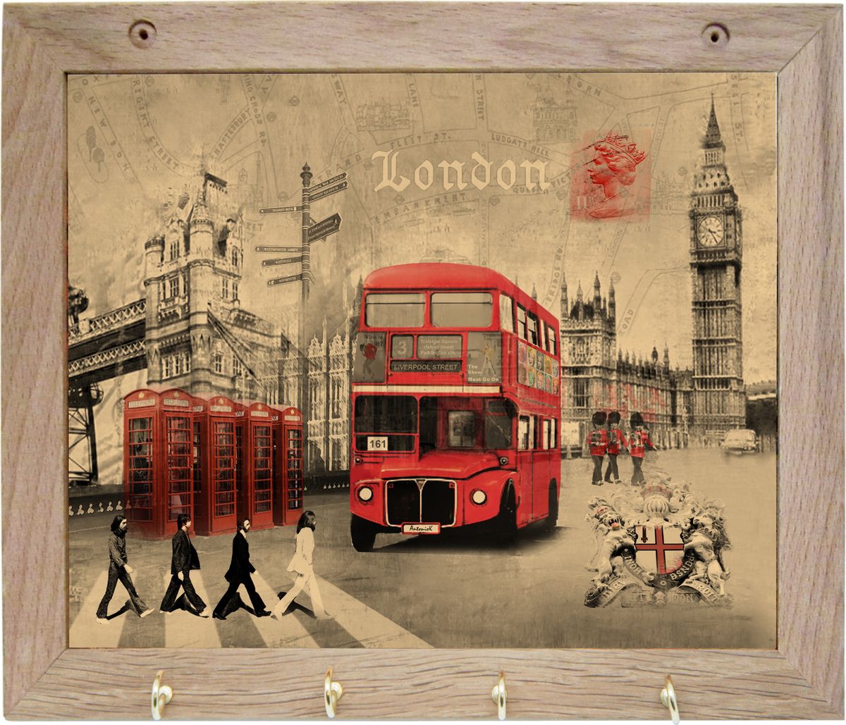 Вешалка GiftnHome Лондон, с 4 крючками, 20 х 25 смTH-London Вешалка GiftnHome Лондон, с 4 крючками, 20 х 25 смTH-LondonArt-Casual - что значит буквально: повседневное искусство - это Новый тренд, новый стиль предложения обычных домашних аксессуаров в качестве элементов, задающих стиль и шарм окружающего пространства.Уникальное сочетание привычной функциональности и декоративной, интерьерной функции - это актуальная, современная тенденция от прогрессивных производителей товаров для дома. Вешалка для полотенец - это всем знакомый, понятный и нужный предмет в каждом доме.Проект GiftnHome предлагает серию изделий из натурального дерева (Eco-Life), в комбинации с модными цветными принтами на корпусе от Креативной студии AntonioK.Это изделия больше, чем просто крючки для полотенец, они несут интерьерное решение, зададут настроение и стиль на вашей кухне, столовой или дачной веранде. В серии Эко-Лайф, от GiftnHome - можно, так же приобрести ключницы, подносы и столики в постель из благородных пород дерева (бук, дуб), с актуальными дизайнами на поверхности древесины.