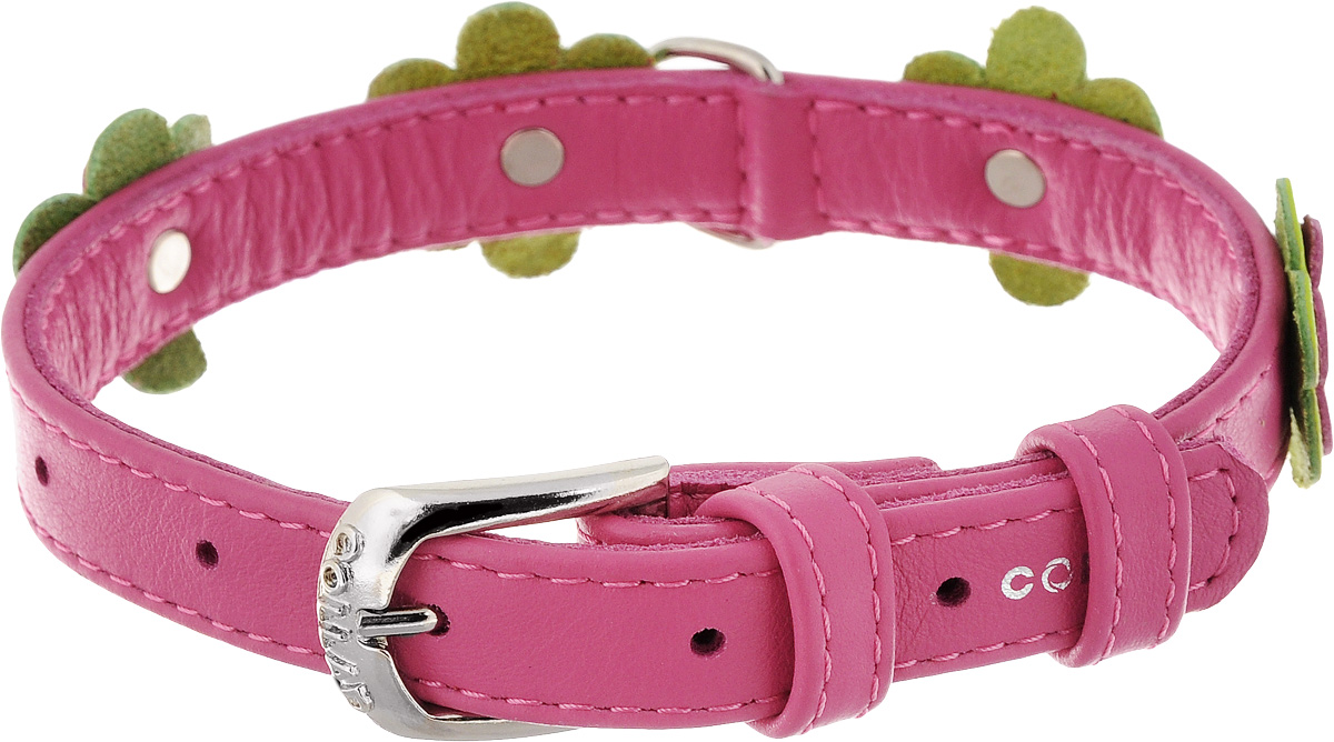 Ошейник для собак CoLLaR Glamour Аппликация, цвет: розовый, зеленый, ширина 1,5 см, обхват шеи 27-36 см35017 Ошейник для собак CoLLaR Glamour Аппликация, цвет: розовый, зеленый, ширина 1,5 см, обхват шеи 27-36 см35017Ошейник CoLLaR Glamour Аппликация изготовлен из натуральной кожи, устойчивой к влажности и перепадам температур. Клеевой слой, сверхпрочные нити, крепкие металлические элементы делают ошейник надежным и долговечным. Изделие декорировано аппликациями в виде цветочков. Размер ошейника регулируется при помощи металлической пряжки. Имеется металлическое кольцо для крепления поводка. Ваша собака тоже хочет выглядеть стильно! Такой модный ошейник станет для питомца отличным украшением и выделит его среди остальных животных. Изделие отличается высоким качеством, удобством и универсальностью. Обхват шеи: 27-36 см. Ширина: 1,5 см.