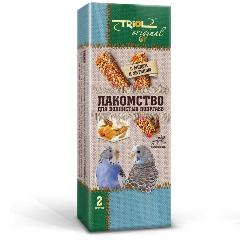 Лакомство для попугаев Triol Original, с медом и хитином, 2 штTF-20500 Лакомство для попугаев Triol Original, с медом и хитином, 2 штTF-20500Корма и лакомства Triol Original содержат только натуральные ингредиенты и изготовлены из отборного зерна. Оригинальная рецептура учитывает пещевые потребности вашего пернатого питомца. Сбалансированный и разнообразный состав не только удовлетворяет вкусовым предпочтениям, но и укрепляет здоровье. Лакомство для волнистых попугаев с мёдом и хитином: в картонной коробке две палочки лакомства (запаяны в полиэтиленовый пакет для сохранения свежести продукта). Лакомство - дополнительное питание и развлечение для Вашего птички, позволяющее также поточить клюв, что необходимо декоративным птицам, живущим в неволе. Вес 2 палочек - 88 г.