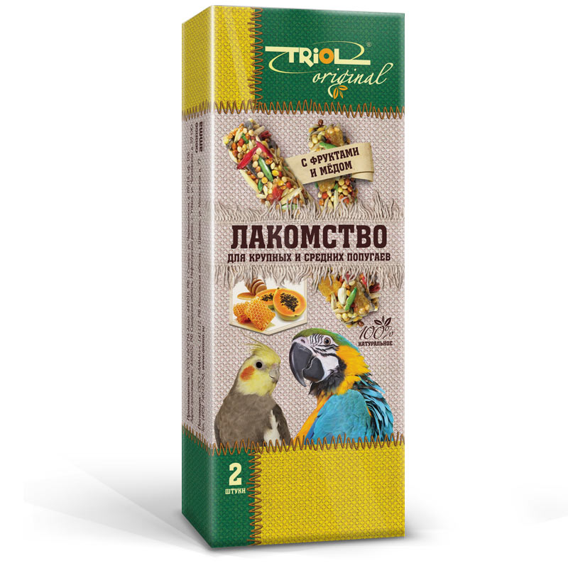 Лакомство для попугаев Triol Original, с фруктами и медом, 2 штTF-20700 Лакомство для попугаев Triol Original, с фруктами и медом, 2 штTF-20700Корма и лакомства Triol Original содержат только натуральные ингредиенты и изготовлены из отборного зерна. Оригинальная рецептура учитывает пещевые потребности вашего пернатого питомца. Сбалансированный и разнообразный состав не только удовлетворяет вкусовым предпочтениям, но и укрепляет здоровье. Лакомство для крупных и средних попугаев с фруктами и мёдом: в картонной коробке две палочки лакомства (запаяны в полиэтиленовый пакет для сохранения свежести продукта). Лакомство - дополнительное питание и развлечение для Вашего птички, позволяющее также поточить клюв, что необходимо декоративным птицам, живущим в неволе. Вес 2 палочек - 88 г.