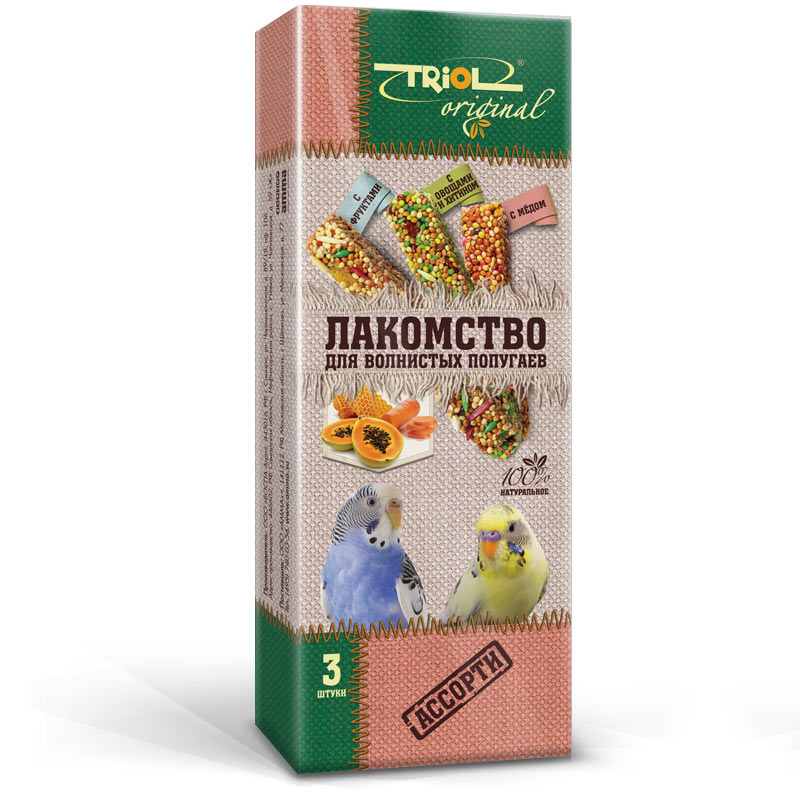 Лакомство для попугаев Triol Original, ассорти, 3 штTF-20800 Лакомство для попугаев Triol Original, ассорти, 3 штTF-20800Корма и лакомства Triol Original содержат только натуральные ингредиенты и изготовлены из отборного зерна. Оригинальная рецептура учитывает пещевые потребности вашего пернатого питомца. Сбалансированный и разнообразный состав не только удовлетворяет вкусовым предпочтениям, но и укрепляет здоровье. Лакомство для волнистых попугаев АССОРТИ : в картонной коробке две палочки лакомства (запаяны в полиэтиленовый пакет для сохранения свежести продукта). Лакомство - дополнительное питание и развлечение для Вашего птички, позволяющее также поточить клюв, что необходимо декоративным птицам, живущим в неволе. Вес 2 палочек - 88 г.