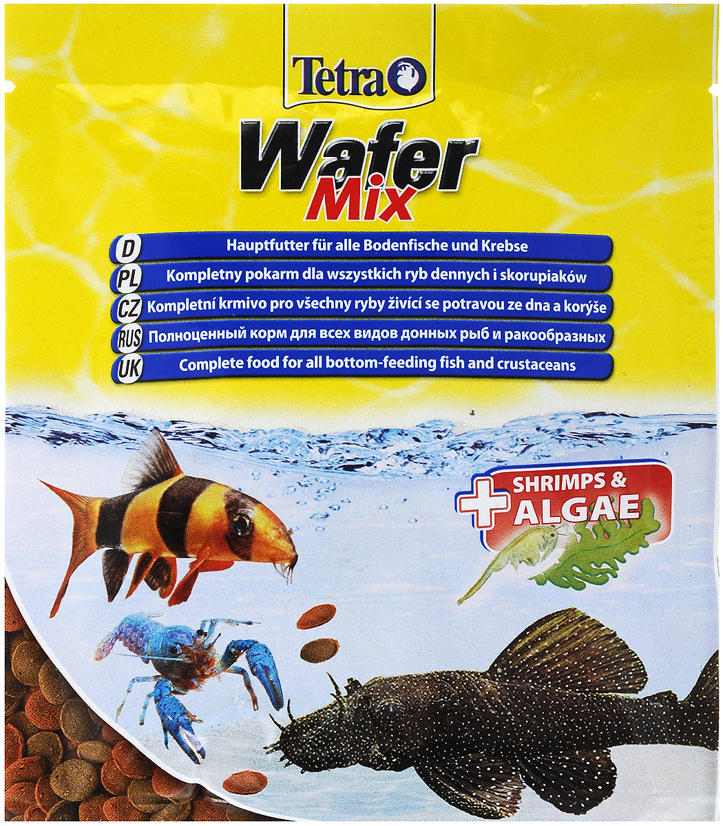 Корм Tetra TetraWafer Mix для всех видов донных рыб и ракообразных, пластинки, 15 г. 134461134461_в воде/1 Корм Tetra TetraWafer Mix для всех видов донных рыб и ракообразных, пластинки, 15 г. 134461134461_в воде/1Корм Tetra TetraWafer Mix - это высококачественная смесь основного корма и креветок для кормления травоядных, хищных и донных рыб. Идеально подходит для кормления ракообразных (креветок, крабов, раков), сомовых и других придонных обитателей. Для травоядных донных рыб в аквариуме идеально подходят зеленые пластинки из водорослей спирулины, а коричневые - идеальны для хищников. Корм не мутит и не загрязняет воду благодаря плотному составу. Форма пластинок соответствует свойствам природного корма, позволяет кормить рыб разных размеров. Множество отборных высококачественных компонентов, витаминов, минералов и аминокислот обеспечивают питательными и энергетическими потребностями даже наиболее требовательных видов аквариумных рыб. Рекомендации оп кормлению: кормить несколько раз в день маленькими порциями. Состав: экстракты растительного белка, рыба и побочные рыбные продукты, зерновые культуры, растительные продукты, моллюски и раки (креветки...
