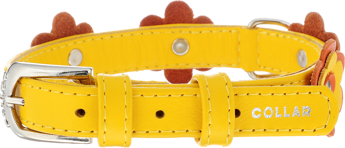 Ошейник для собак CoLLaR Glamour Аппликация, цвет: желтый, оранжевый, ширина 1,5 см, обхват шеи 27-36 см. 350135018 Ошейник для собак CoLLaR Glamour Аппликация, цвет: желтый, оранжевый, ширина 1,5 см, обхват шеи 27-36 см. 350135018Ошейник для собак CoLLaR Glamour изготовлен из натуральной кожи, устойчивой к влажности и перепадам температур. Клеевой слой, сверхпрочные нити, крепкие металлические элементы делают ошейник надежным и долговечным. Изделие декорировано аппликациями в виде цветочков. Размер ошейника регулируется при помощи металлической пряжки. Имеется металлическое кольцо для крепления поводка. Ваша собака тоже хочет выглядеть стильно! Такой модный ошейник станет для питомца отличным украшением и выделит его среди остальных животных. Изделие отличается высоким качеством, удобством и универсальностью. Обхват шеи: 27-36 см. Ширина: 1,5 см.