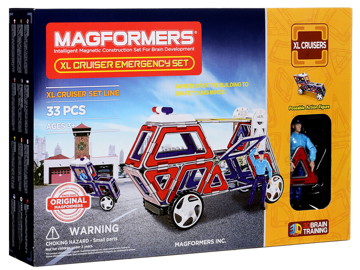 Magformers Магнитный конструктор XL Crusers Службы спасения63079/706002 Magformers Магнитный конструктор XL Crusers Службы спасения63079/706002Магнитный конструктор Magformers XL Crusers. Служба спасения не содержит мелких деталей, что делает его абсолютно безопасным. Все детали выполнены в красно-синем и желтом цвете, с необычной серебристой окантовкой. Конструктор подходит детям с трех лет. В комплект входит 33 детали - это квадраты, треугольники, ромбы. Для большей реалистичности, в набор добавлены специальные аксессуары: сирена спасательной службы, которая при нажатии на кнопку на ней издает свето-звуковой сигнал, лестница, и подвижная фигурка спасателя в униформе. Ну, и конечно же, в комплекте есть колёса, которые позволят любой машине быстро добраться до того места, где её очень ждут. Каждый может почувствовать себя модельером и придумать необычный транспорт. Набор идеально для этого подойдет - все детали разноцветные и их количества абсолютно точно хватит для того, чтобы проявить фантазию. Все детали этого набора совместимы с другими наборами Magformers, что позволяет делать очень...