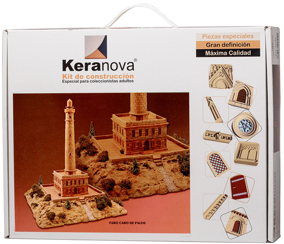 Keranova Конструктор Маяк мыса Палос30104 Keranova Конструктор Маяк мыса Палос30104Маяк мыса Палос находится в Картахене (Мурсия) на входе в лагуну Мар-Менор, Испания. Он был построен в 1864 году преимущественно из использованных ранее камней эпохи возрождения. Центральная часть маяка имеет высоту 51 метр от поверхности земли и 81 метр над уровнем моря. Каждые 10 секунд он излучает две вспышки белого света и имеет номинальную дальность ночной видимости 23 морских мили. В состав набора входят: - каркас модели из бумаги, - основа для миниатюры из МДФ, - набор кирпичиков и черепицы из глины разного размера(8 температурных режимов обжига кирпичиков), - имитация гравия, имитация травы, растительности (исландский мох – материал устойчивый к естественному разрушению), - имитация украшений фасадов и окон (изготовлены из натуральной смолы вручную), - деревянные планки, клей, схема сборки и инструкция. количество деталей: 2119 маштаб: 1/200