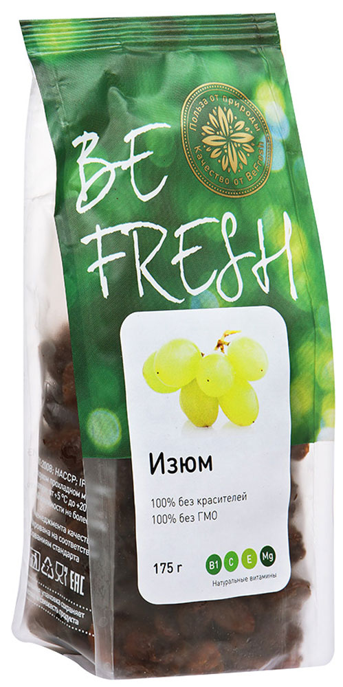 BeFresh изюм, 175 г3872084007018 BeFresh изюм, 175 г3872084007018Изюм - один из самых полезных сухофруктов, богатый антиоксидантами и витаминами. Ценится за способность укреплять нервную систему и улучшать сон, снимает напряжение и усталость. Полезен при беременности женщинам, у которых низкий гемоглобин и дефицит железа. Уважаемые клиенты! Обращаем ваше внимание, что полный перечень состава продукта представлен на дополнительном изображении.