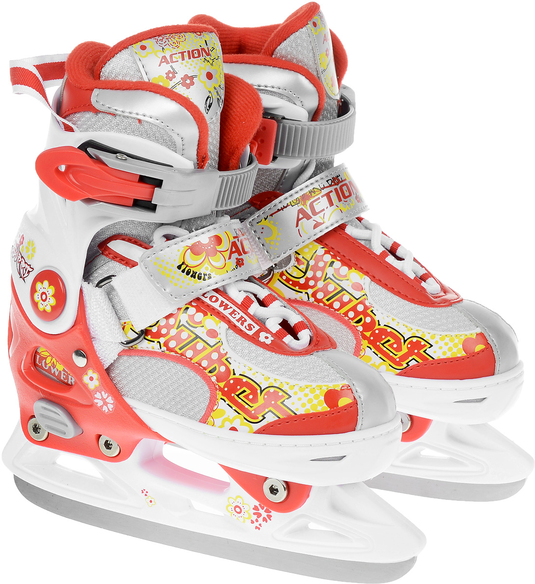 Коньки ледовые женские Action Sporting Goods, раздвижные, цвет: белый, красный. PW-113. Размер 37/40PW-113 Коньки ледовые женские Action Sporting Goods, раздвижные, цвет: белый, красный. PW-113. Размер 37/40PW-113Яркие ледовые коньки Sporting Goods с ударопрочной защитной конструкцией отлично подойдут для начинающих обучаться катанию. Ботинки изготовлены из морозостойкого пластика, который защитит ноги от ударов. Пластиковая бакля с фиксатором, хлястик на липучке и шнуровка надежно фиксируют голеностоп. Внутренний сапожок, выполненный из мягкого текстиля, обеспечит тепло и комфорт во время катания. Фигурное лезвие изготовлено из нержавеющей стали со специальным покрытием, придающим дополнительную прочность. Изделие декорировано по верху яркими изображениями. Особенностью коньков является раздвижная конструкция, которая позволяет увеличивать длину ботинка на 4 размера по мере роста ноги ребенка. У сапожка на мыске имеется специальная кнопка, которая позволит увеличить его размер. Стильные коньки придутся вам по душе.
