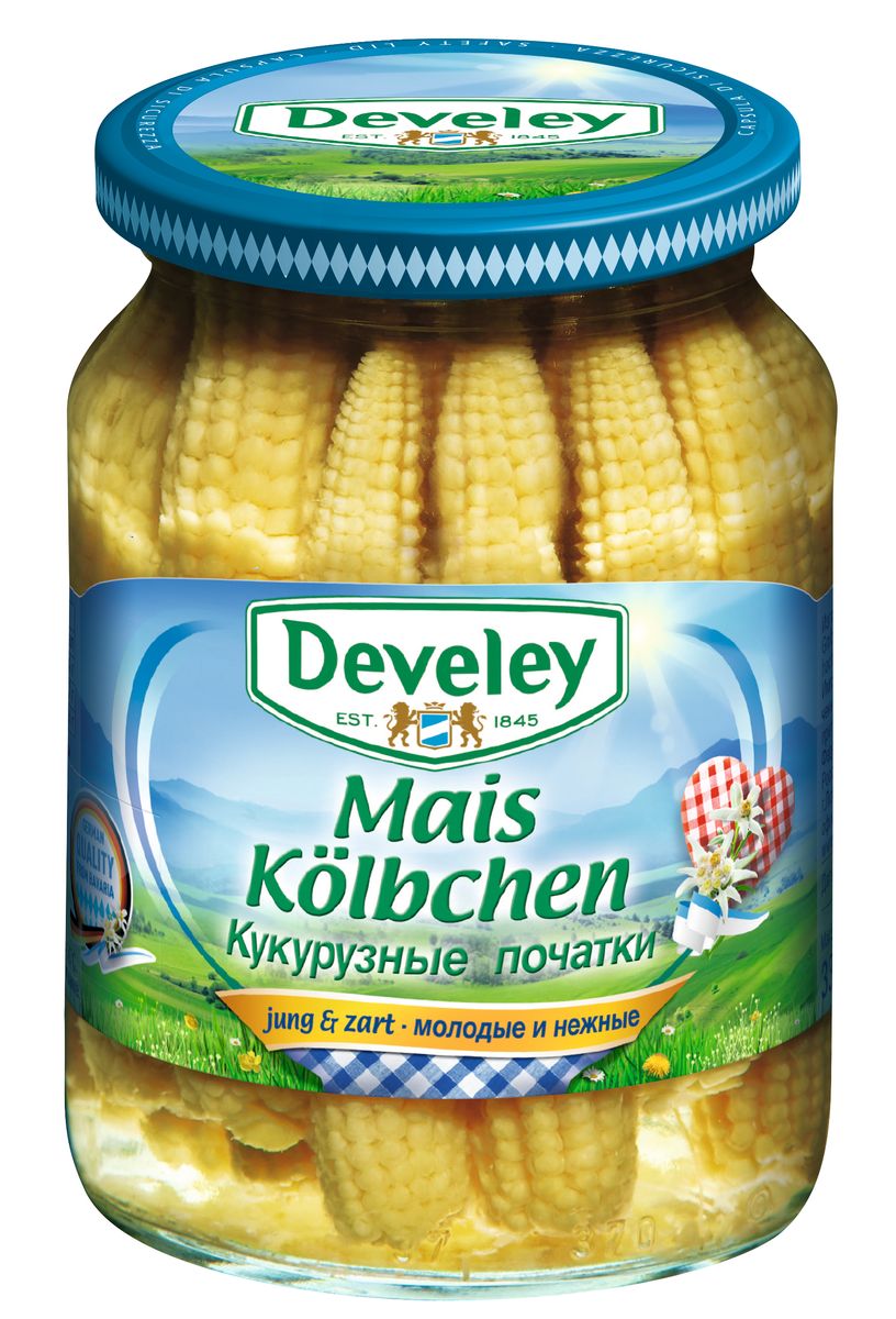 Develey кукурузные початки, 370 мл7230 Develey кукурузные початки, 370 мл7230Овощи Develey выращены и произведены по собственной технологии и рецептуре.