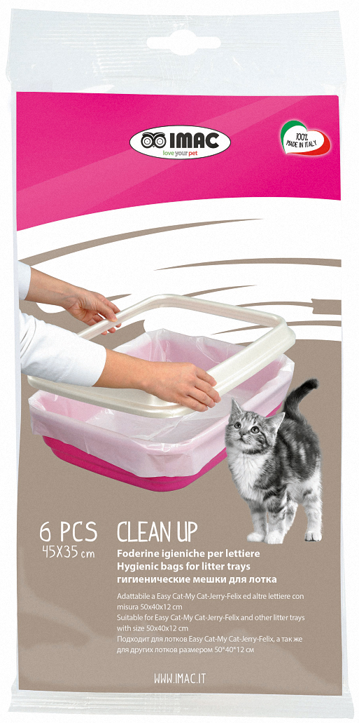 Пакеты для туалета IMAC Clean Up, 45х35 см, 6 шт81199B Пакеты для туалета IMAC Clean Up, 45х35 см, 6 шт81199BПакеты для туалета IMAC Clean Up. Быстрая и легкая уборка без проблем. Пакеты подходят для кошачьих туалетов Easy Cat, My Cat, Jerry, Felix производства Imac, а так же для других лотков размером 50 х 40 х 12 см. Гигиенические пакеты облегчат уборку кошачьего туалета, избавят Вас от постоянного мытья лотка. Снимите с лотка верхнюю крышку или верхний ограничительный борт (в зависимости от его модели), наденьте пакет на нижнюю часть, выровняйте, края заверните за борта лотка. Насыпьте на дно лотка наполнитель в соответствии с инструкцией производителя наполнителя. Сверху наденьте крышку или бортик туалета. После загрязнения наполнителя просто снимите верхнюю часть туалета, удалите пакет с использованным наполнителем, а в чистый лоток положите новый пакет в той же последовательности. Всё чисто и аккуратно! ВНИМАНИЕ! Уважаемые клиенты, обращаем ваше внимание на возможное изменение в дизайне упаковки.