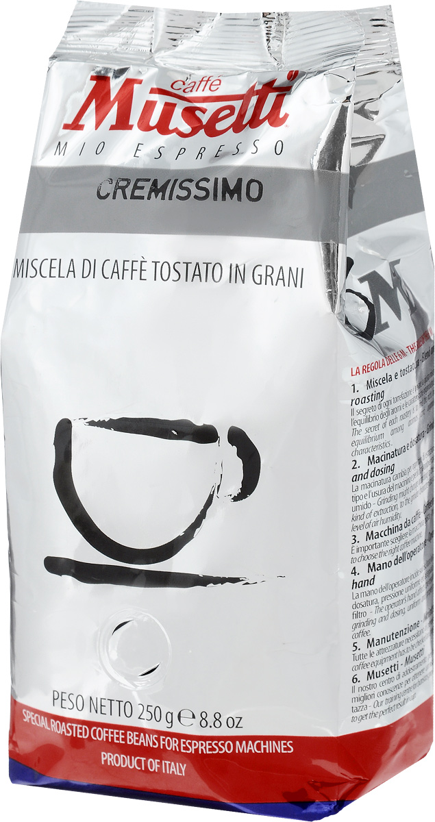Musetti Cremissimo кофе в зернах, 250 г8004769220176 Musetti Cremissimo кофе в зернах, 250 г8004769220176Кофе в зернах Musetti Cremissimo - натуральный жареный кофе. Исключительные вкусовые и ароматические свойства арабики, обогащенные плотностью и кремообразностью африканской робусты, делают эту смесь идеальной для приготовления изысканного итальянского эспрессо, плотного, с шоколадным послевкусием.