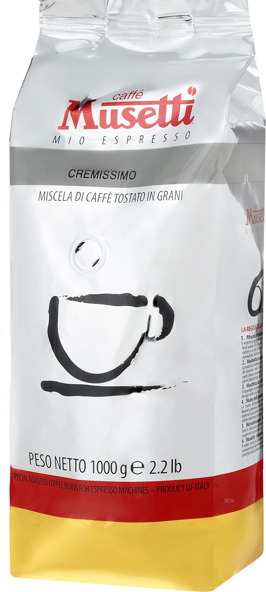 Musetti Cremissimo кофе в зернах, 1 кг8004769200901 Musetti Cremissimo кофе в зернах, 1 кг8004769200901Кофе в зернах Musetti Cremissimo - натуральный жареный кофе. Исключительные вкусовые и ароматические свойства арабики, обогащенные плотностью и кремообразностью африканской робусты, делают эту смесь идеальной для приготовления изысканного итальянского эспрессо, плотного, с шоколадным послевкусием.