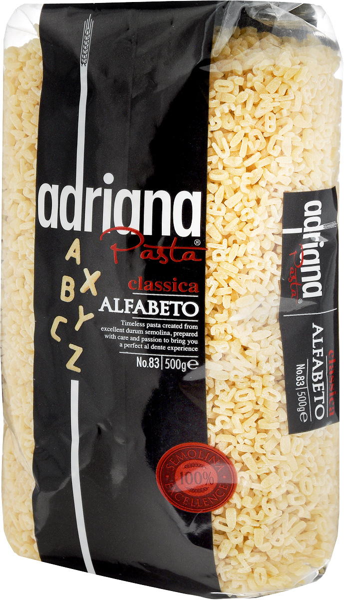 Adriana Alfabeto паста, 500 г15020 Adriana Alfabeto паста, 500 г15020Adriana - высококачественная паста из 100% семолины. Только 100% семолина или качественная мука из специальных твердых сортов пшеницы гарантирует, что паста, даже после превышения рекомендуемого времени приготовления, не разварится и не слипнется после охлаждения. Очень нравится маленьким детям, обязательно вызовет у них удивление и интерес при изучении незнакомых букв. Такие макароны помогут не только скормить малышу тарелочку супа, но и играючи запомнить буквы. Способ приготовления: варить макаронные изделия в кипящей подсоленной воде (1 литр воды на 100 грамм макаронных изделий). Можете добавить столовую ложку растительного масла. Варить в течение 5-7 минут, постоянно помешивая. В конце приготовления попробуйте. Слейте воду и подавайте на стол. Готовьте на здоровье!