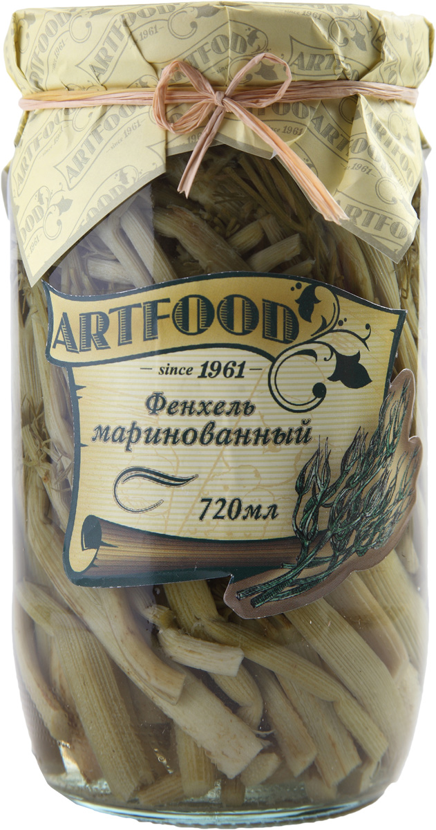 Artfood фенхель маринованный, 720 мл23001110200026 Artfood фенхель маринованный, 720 мл23001110200026Фенхель - это овощ, в котором полностью отсутствуют жиры и крахмал, поэтому в нем минимальное количество калорий. В фенхеле содержится много воды, поэтому его употребляют как мочегонное средство, а также как средство для повышения аппетита. Маринованный фенхель - отличная закуска к мясу. Его можно добавлять в салаты и супы для пикантности и аромата.