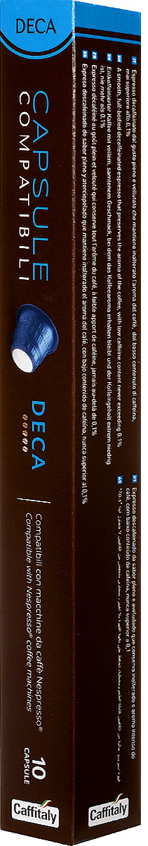 Caffitaly Deca кофе в капсулах, 10 шт8032680751332 Caffitaly Deca кофе в капсулах, 10 шт8032680751332Кофе в капсулах Caffitaly Deca специально разработан для системы Nespresso. Кофе Deca - натуральный декофеинизированный молотый кофе в капсулах. Содержит смесь арабики и робусты без кофеина с легким бархатистым вкусом и насыщенным ароматом эспрессо. Преимущества кофе: компактная упаковка; специально разработанная конструкция позволяет легко вставлять капсулу в кофемашину без каких-либо усилий, что позволяет избежать выхода машины из строя; задняя часть капсулы изготовлена из плотной фольги, таким образом, капсула всегда прокалывается, и исключается поломка режущего элемента кофемашины при прокалывании, как это бывает в капсулах с плотной пластмассовой стенкой. Капсулы хватает для приготовления 200 мг напитка. Вес одной капсулы: 5,5 г.