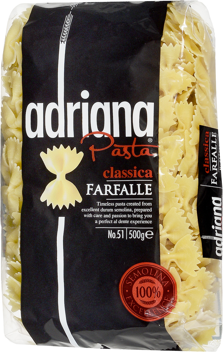 Adriana Farfalle паста, 500 г15016 Adriana Farfalle паста, 500 г15016Adriana - высококачественная паста из 100% семолины. Только 100% семолина или качественная мука из специальных твердых сортов пшеницы гарантирует, что паста, даже после превышения рекомендуемого времени приготовления, не разварится и не слипнется после охлаждения. Еда не должна служить лишь для утоления голода, а должна приносить и возвышенные чувства приятного удовлетворения. Каждый из нас хотел бы открыть для себя новые вкусы и новые впечатления. Ужин должен быть не только завершением дня, но также возможностью встретиться с близкими и друзьями, чтобы насладиться едой. Паста Adriana имеет превосходные вкусовые качества и полезные свойства. Благодаря большому количеству клетчатки, белка и минимуму жиров - низкокалорийная, что помогает всегда оставаться в идеальной форме. В ее состав входят рибофлавин, который способствует снижению усталости, витамины группы B, необходимые для здоровья. Способ приготовления: варить макаронные изделия в кипящей...