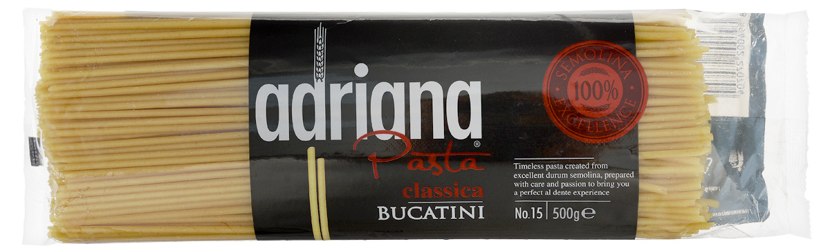Adriana Bucatini паста, 500 г15015 Adriana Bucatini паста, 500 г15015Adriana - высококачественная паста из 100% семолины. Только 100% семолина или качественная мука из специальных твердых сортов пшеницы гарантирует, что паста, даже после превышения рекомендуемого времени приготовления, не разварится и не слипнется после охлаждения. Bucatini или, как принято их называть в России, макароны. Благодаря отверстиям в середине макарон, вас ждет исключительное вкусовое наслаждение. Соус попадает внутрь макаронных изделий именно в процессе приготовления. Они так великолепны в легком сочетании с любым соусом, в том числе и с низким содержанием жира.