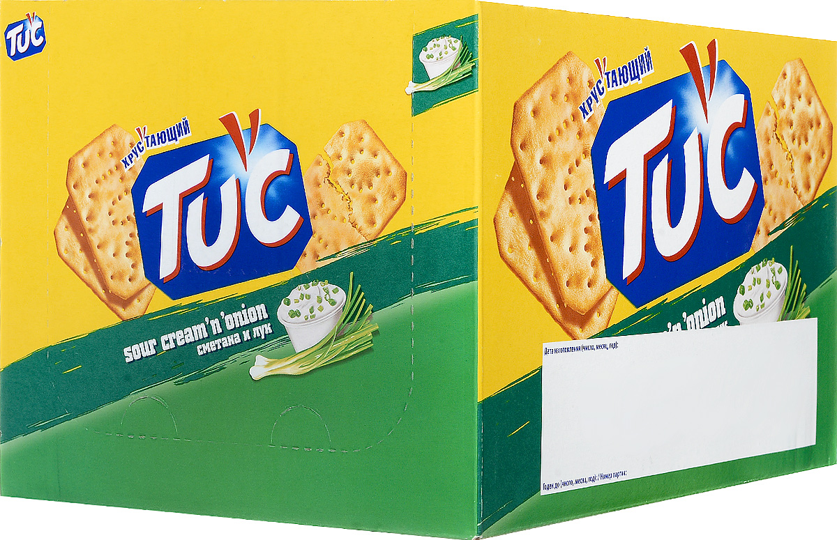 Tuc Крекер со вкусом сметаны и лука, 24 упаковки по 21 г641583, 638863 Tuc Крекер со вкусом сметаны и лука, 24 упаковки по 21 г641583, 638863Tuc - это соленый крекер, созданный в Бельгии более 50 лет назад. Особенно он популярен в странах Европы, в частности во Франции, Испании, Нидерландах, Дании, Швейцарии и Италии. Выпечено, а не обжарено. Крекер Tuc со вкусом сметаны и лука нежный, рассыпчатый, хрустящий и тает во рту. Уважаемые клиенты! Обращаем ваше внимание, что полный перечень состава продукта представлен на дополнительном изображении.