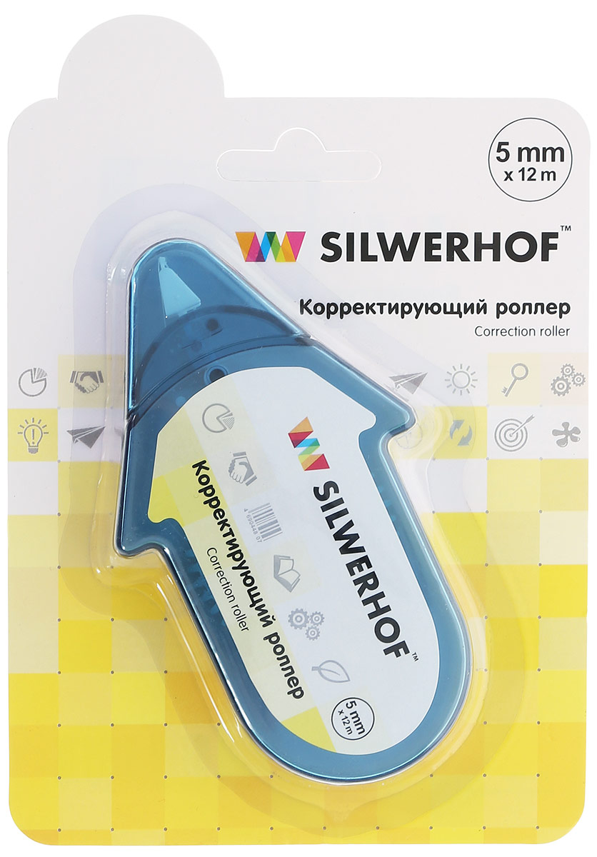 Silwerhof Корректирующий роллер цвет корпуса голубой 5 х 12000 мм443011_голубой Silwerhof Корректирующий роллер цвет корпуса голубой 5 х 12000 мм443011_голубойКорректирующий роллер Silwerhof предназначен для внесения исправлений в текст. Держите роллер под углом. Нажмите и проведите по корректируемой поверхности. Время на высыхание не потребуется. Состав: вода, загуститель, титановые белила, связующее вещество, ABS пластик, полипропилен.