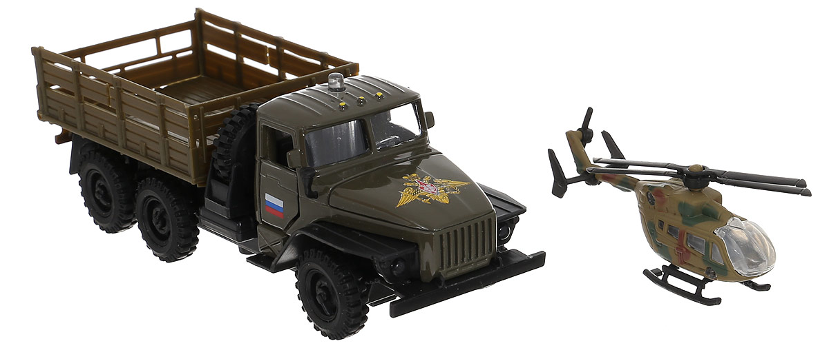 ТехноПарк Машинка инерционная Урал с вертолетомCT-1235B(G1+J1+K1))_с вертолётом ТехноПарк Машинка инерционная Урал с вертолетомCT-1235B(G1+J1+K1))_с вертолётомИнерционная машинка ТехноПарк Урал с вертолетом, выполненная из пластика и металла, станет любимой игрушкой вашего малыша. Игрушка представляет собой модель бортового военного грузовика марки Урал. У машинки открываются дверцы кабины и капот, опускается задний борт. Между кабиной и кузовом расположено запасное колесо, которое может быть использовано по назначению. При нажатии на кнопку на крыше кабины замигают фары, прозвучат звуки выстрелов и команды диспетчера. Игрушка оснащена инерционным ходом. Машинку необходимо отвести назад, затем отпустить - и она быстро поедет вперед. Прорезиненные колеса обеспечивают надежное сцепление с любой гладкой поверхностью. В кузове машины можно поместить миниатюрный вертолет. У вертолета подвижные лопасти винтов. Ваш ребенок будет часами играть с этой машинкой, придумывая различные истории. Порадуйте его таким замечательным подарком! Рекомендуется докупить 3 батарейки типа LR41 (комплектуется демонстрационными).