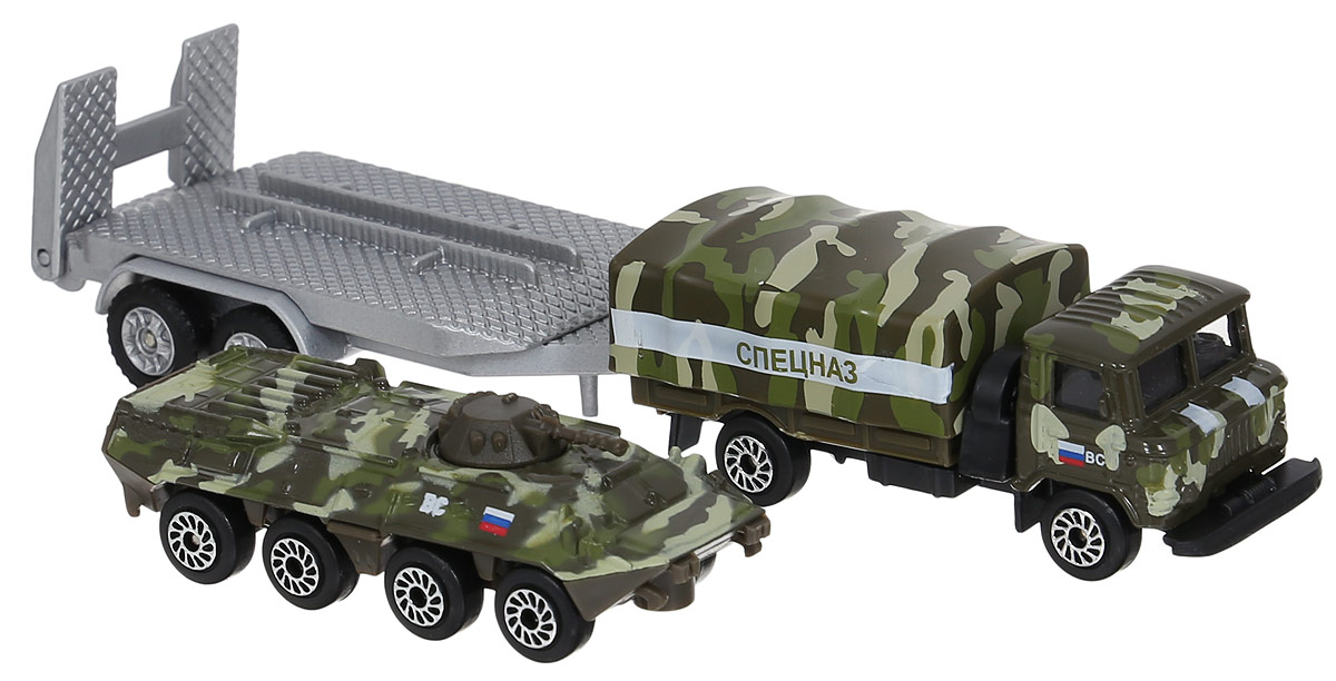 ТехноПарк Набор машинок Военная техника Грузовик с прицепом и бронетранспортер 2 штSB-15-45_Спецназ/танк ТехноПарк Набор машинок Военная техника Грузовик с прицепом и бронетранспортер 2 штSB-15-45_Спецназ/танкНабор машинок ТехноПарк Военная техника обязательно понравится вашему ребенку! В набор входят грузовик с прицепом и БТР. Корпусы машины и бронетранспортера выполнены из металла с элементами из пластика. Колеса машинок свободно вращаются, башня с оружием у бронетранспортера поворачивается. Прицеп можно отсоединить от грузовика. У машины снимается тент с кузова, у прицепа откидывается трап. Малыш будет часами играть с этим замечательным набором, придумывая разные истории и устраивая боевые действия. Сделайте ему такой великолепный подарок!