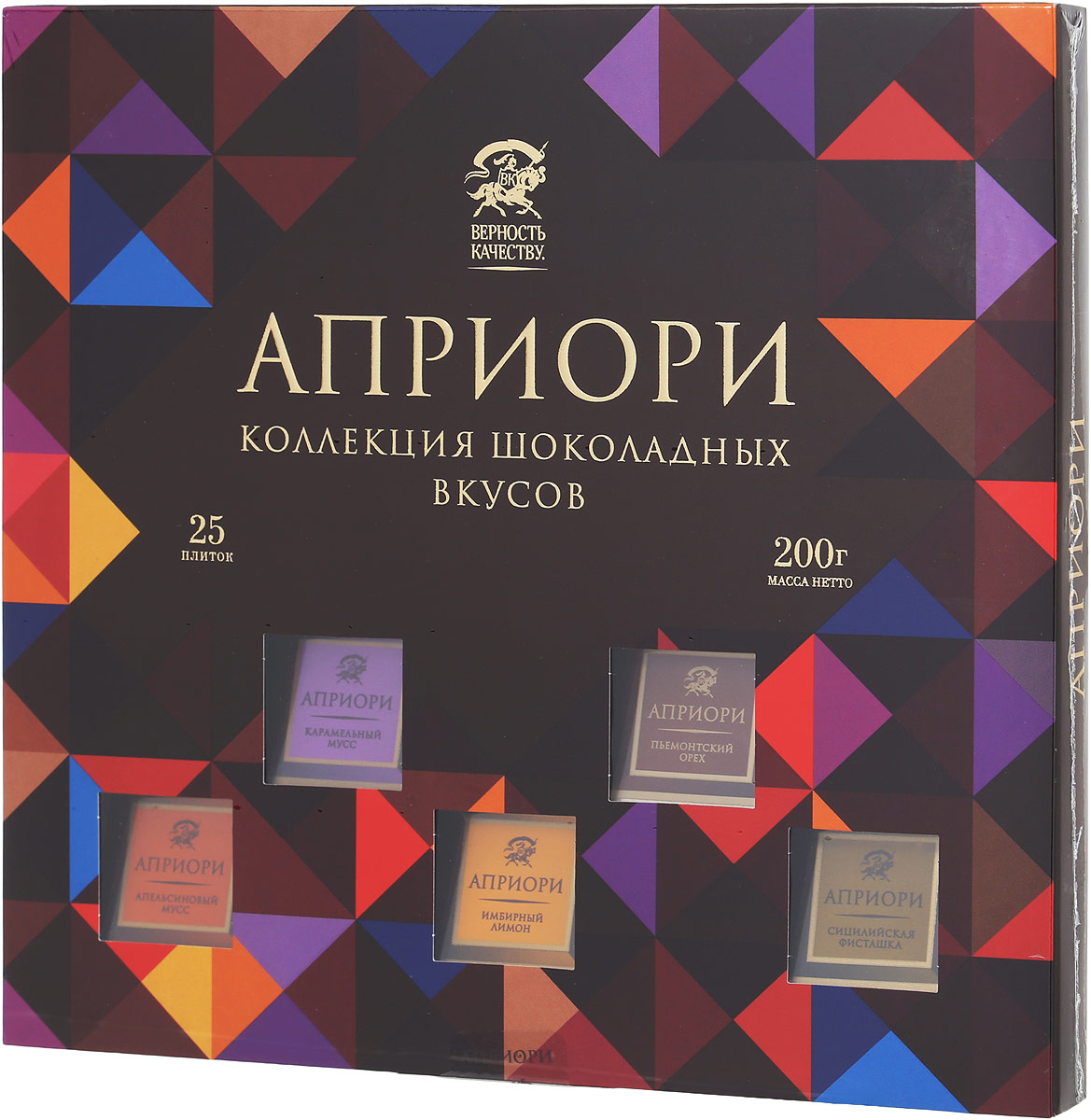 Априори ассорти шоколада с начинками, 200 г8252891 Априори ассорти шоколада с начинками, 200 г8252891Ассорти шоколада с начинками Априори состоит из 25 шоколадных плиток. Ассорти небольших плиток с различными начинками: имбирный лимон, апельсиновый мусс, пьемонтский орех, карамельный мусс, сицилийская фисташка. Уважаемые клиенты! Обращаем ваше внимание, что полный перечень состава продукта представлен на дополнительном изображении.