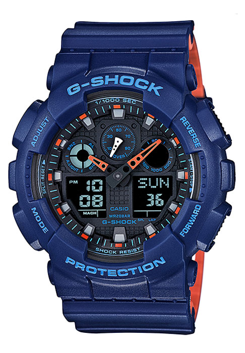 Часы наручные мужские Casio G-Shock, цвет: синий, оранжевый. GA-100L-2AGA-100L-2A Часы наручные мужские Casio G-Shock, цвет: синий, оранжевый. GA-100L-2AGA-100L-2AКомбинированные стрелочные + электронные