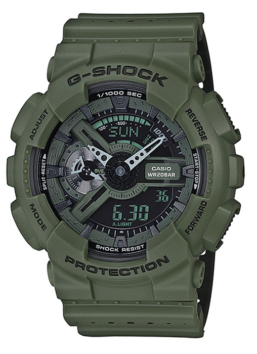 Часы наручные мужские Casio G-Shock, цвет: хаки. GA-110LP-3AGA-110LP-3A Часы наручные мужские Casio G-Shock, цвет: хаки. GA-110LP-3AGA-110LP-3AЭлемент питания CR1220. Точность хода не хуже -/+15 сек./в месяц. Срок службы батареи 2 года. Электрическая светодиодная подсветка с функцией автоматической подсветки при наклоне часов к лицу. Отображение текущего времени в основных городах и регионах мира. 29 временных зон (48 городов + Универсальное координирование времени), отображение кода города, переход на летнее время. Секундомер с точностью показаний 1/1000 сек и максимальным временем измерения - 10 час. Таймер с функцией автоповтора. 5 будильников в возможностью работы в пятидневном и еженедельном режимах. Функция повтора сигнала будильника (Snooze). Автоматический календарь. Особая ударопрочная конструкция защищает от ударов и вибрации. Магнитоустойчивость по 1 разряду японского промышленного стандарта (Соответствует стандарту MOC-ISO 764) обеспечивает устойчивость к воздействию магнитных полей. Минеральное стекло устойчивое к возникновению царапин. Водозащита до 20 АТМ. Ремешок из полимерного материала. Размеры корпуса 55...