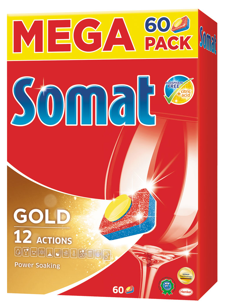 Таблетки для посудомоечной машины Somat Gold, 60 шт935264 Таблетки для посудомоечной машины Somat Gold, 60 шт935264Сомат Голд с миллионом активных частиц обеспечивает безупречный результат, легко справляясь с грязью и жиром и устраняя засохшие остатки пищи, как если бы вы предварительно замачивали и опласкивали посуду и включает следующие функции: Очиститель - для великолепной чистоты. Функция ополаскивателя - для сияющего блеска. Функция соли - для защиты посуды и стекла от известкового налета. Удаление пятен от чая. Защита посудомоечной машины против известковых отложений. Активная формула Эффект замачивания помогает устранить засохшие остатки пищи. Защита против коррозии стекла. Блеск нержавеющей стали и столовых приборов. Обеспечивает гигиеническую чистоту.